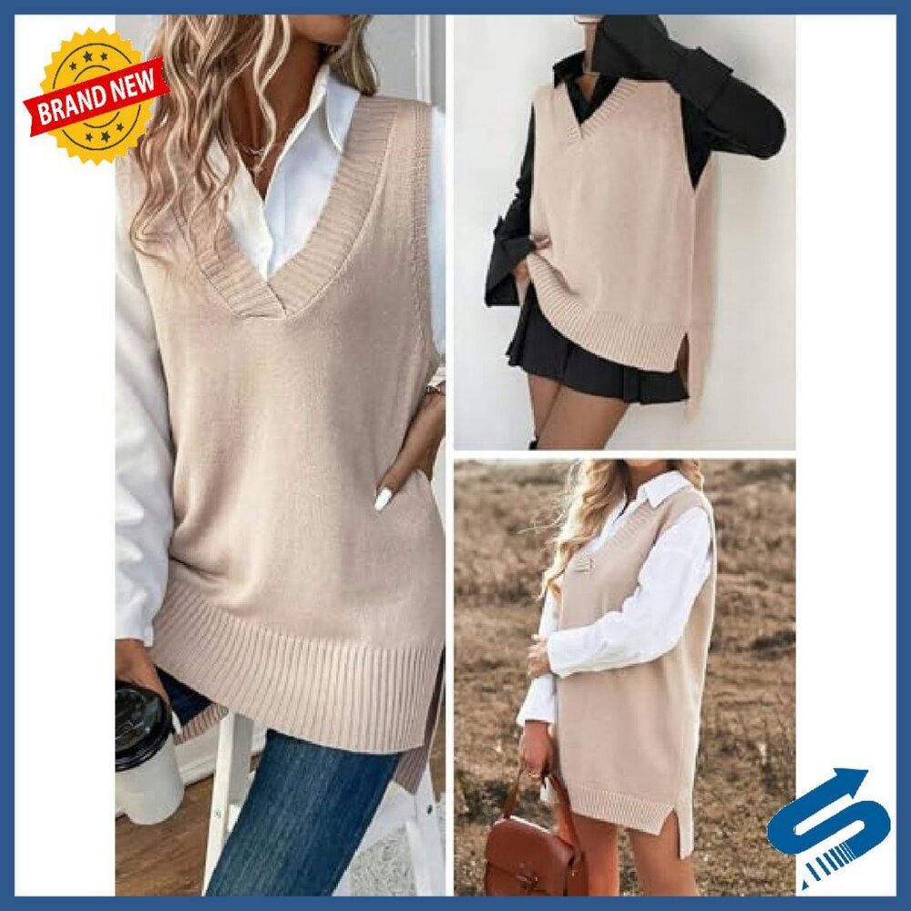 Oversized V-Neck Sweater Vest Sleeveless Knitted Pullover Fall Tops - Picture 3 of 8